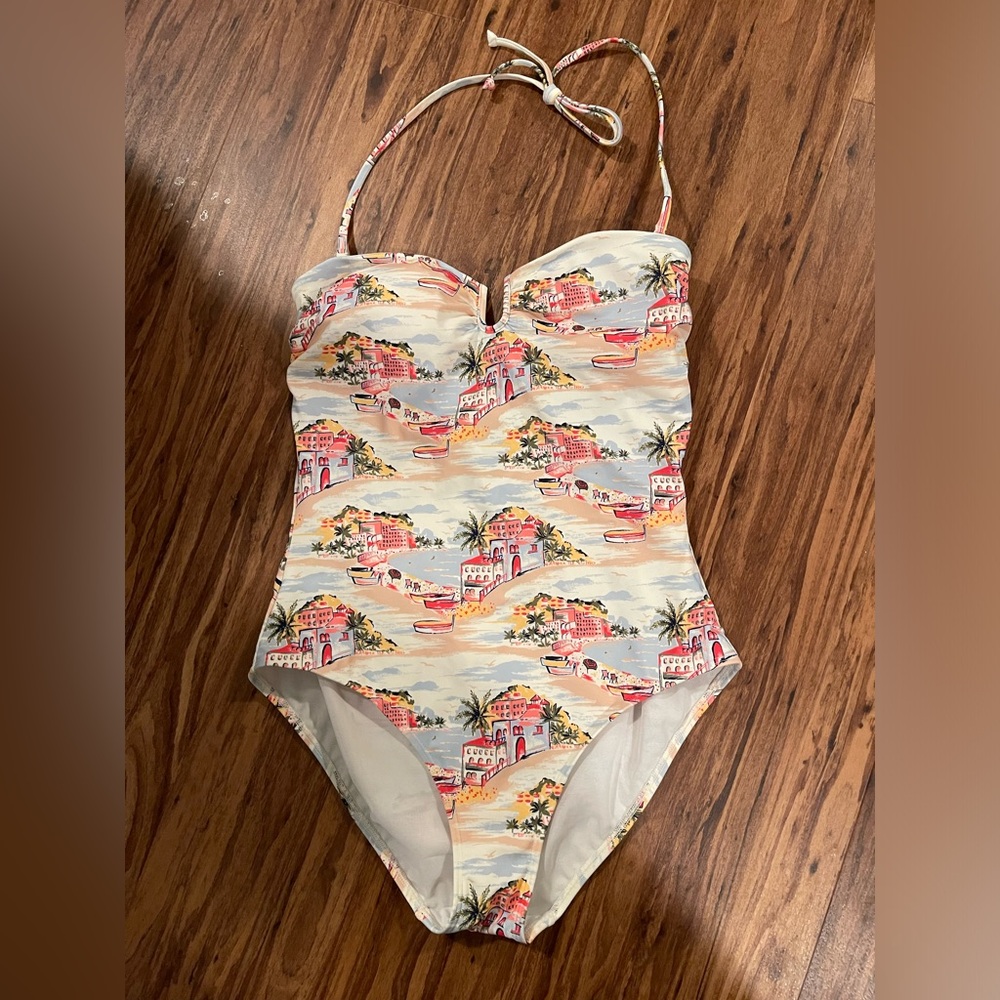 Boden White One-Piece Swimsuit with Pink & Blue Coastal Print